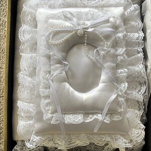 Elegant White Lace Pillow with Pearl Accent